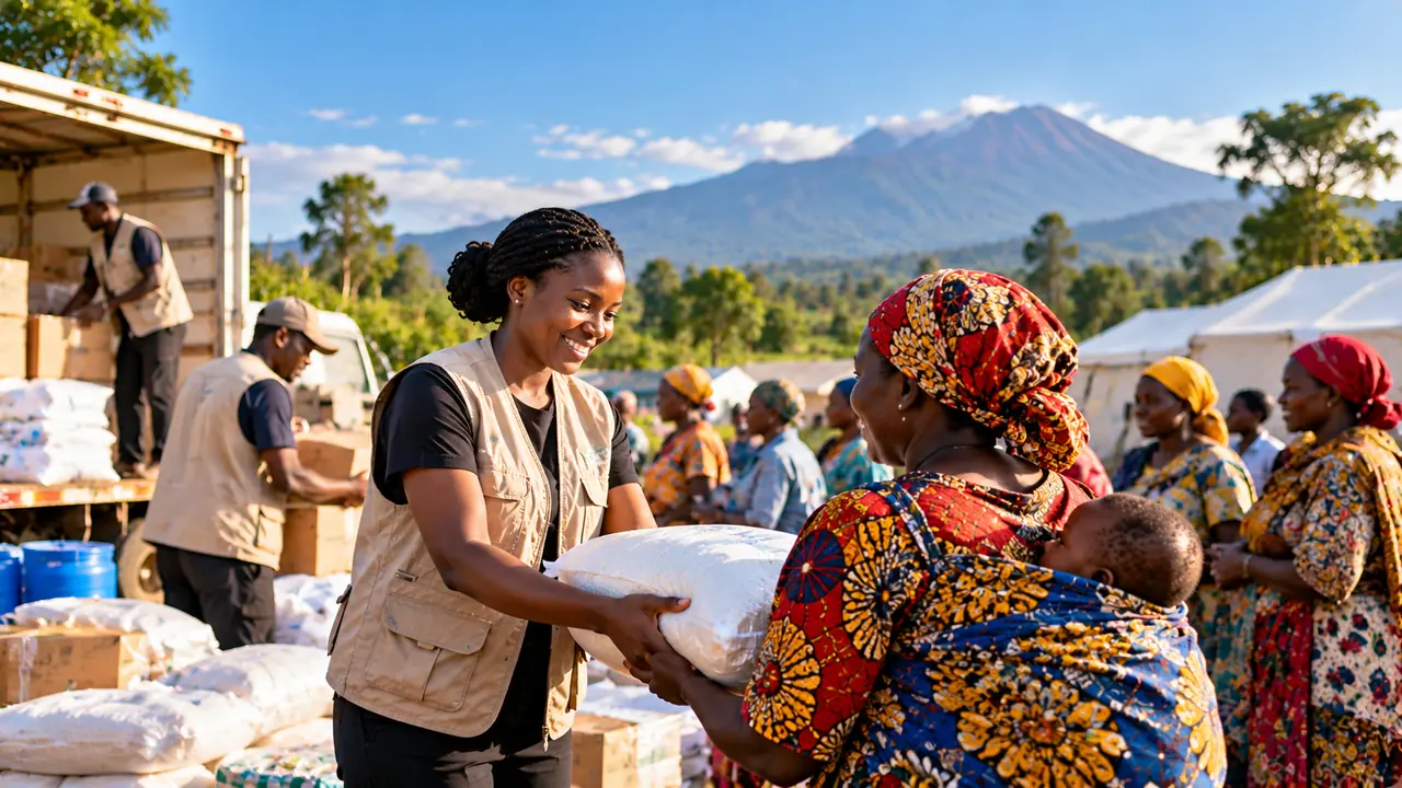 Sacks of supplies being handed over from a truck at an outdoor distribution point.