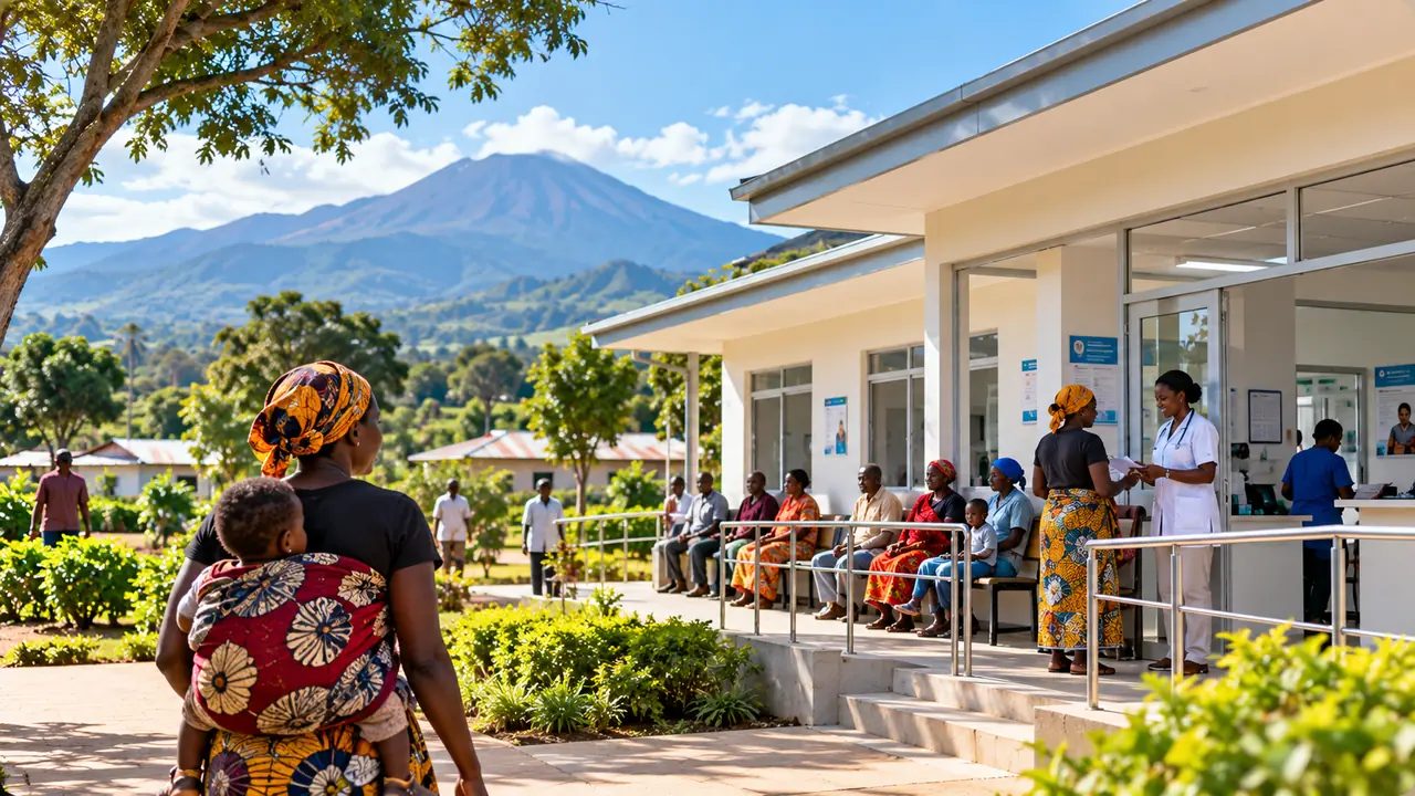 People waiting on the veranda of a single-storey clinic, with a peak behind it.