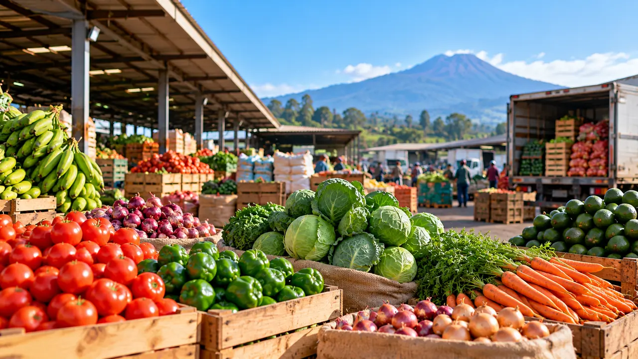 Crates of tomatoes, peppers, cabbages, carrots and onions under a covered market.