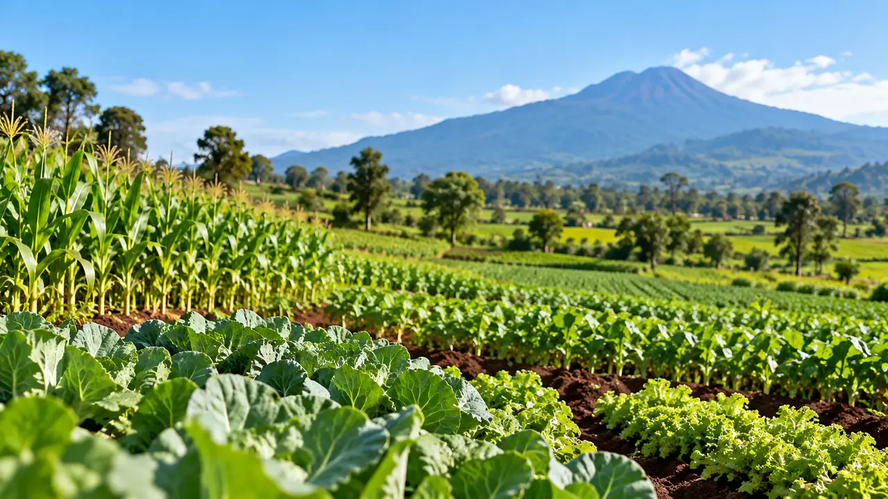 Rows of cabbage, lettuce and maize on cultivated land below a volcanic peak.