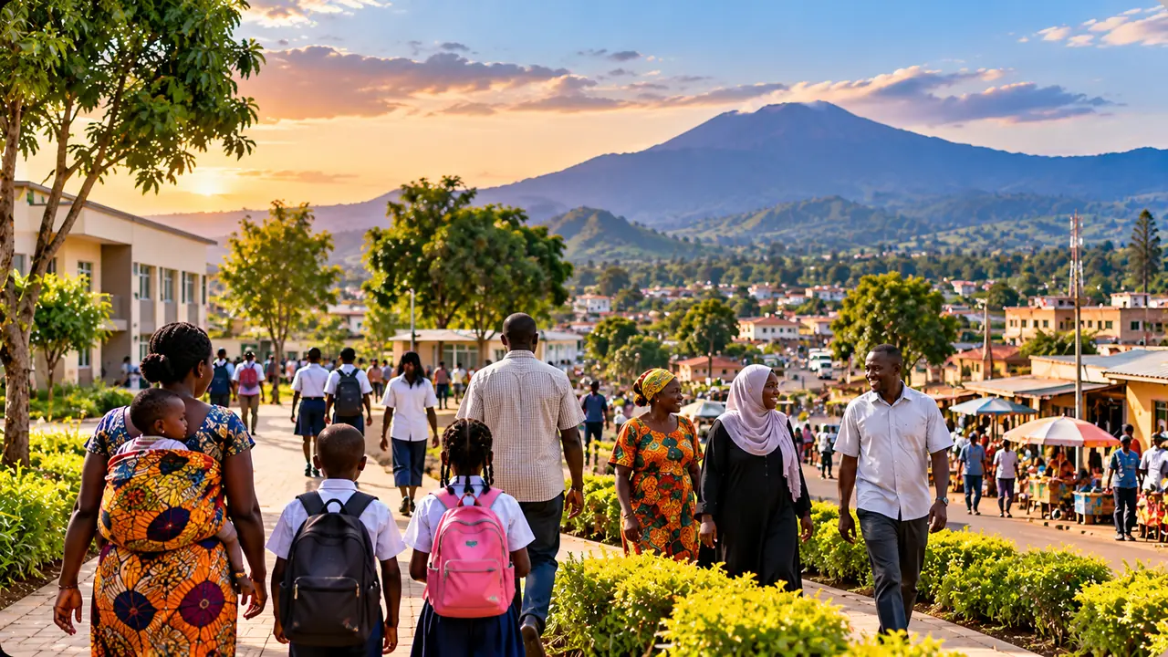 People walking a tree-lined street in a hillside town at dusk.