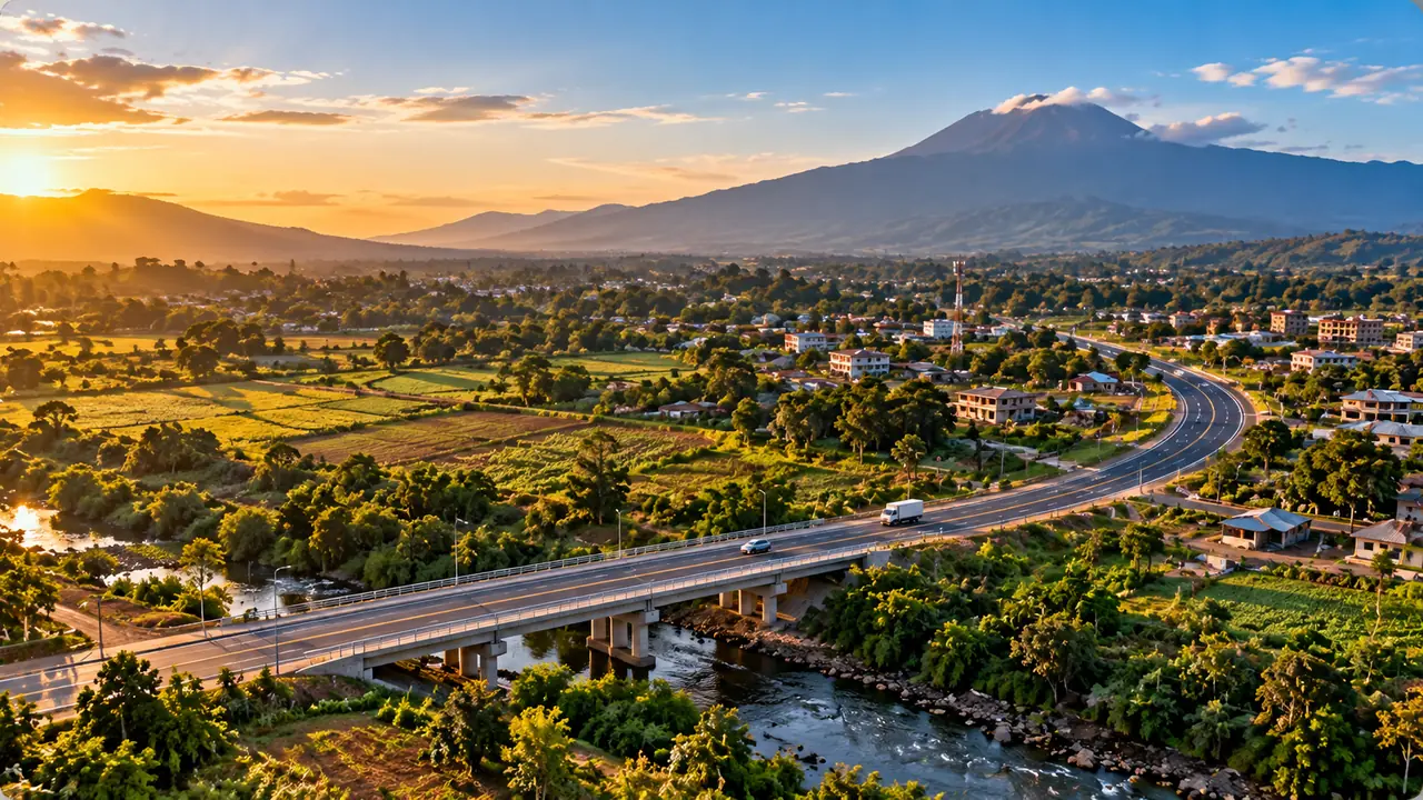 A road and bridge crossing a river valley at sunset, with a town and a peak beyond.